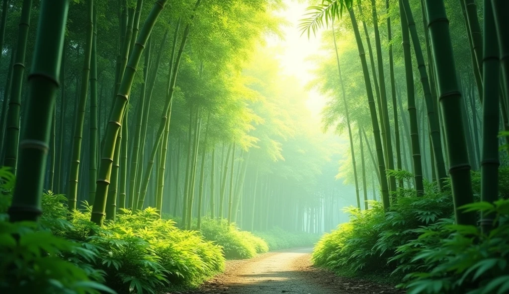 a lush and verdant bamboo forest, beautiful detailed bamboo stalks, sunlight filtering through the leaves, serene and tranquil atmosphere, organic textures, natural lighting, vibrant green hues, (best quality,4k,8k,highres,masterpiece:1.2),ultra-detailed,(realistic,photorealistic,photo-realistic:1.37),intricate foliage, peaceful forest landscape, calming zen-like setting, natural environment, dynamic camera angle