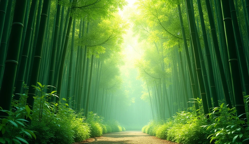 a lush and verdant bamboo forest, beautiful detailed bamboo stalks, sunlight filtering through the leaves, serene and tranquil atmosphere, organic textures, natural lighting, vibrant green hues, (best quality,4k,8k,highres,masterpiece:1.2),ultra-detailed,(realistic,photorealistic,photo-realistic:1.37),intricate foliage, peaceful forest landscape, calming zen-like setting, natural environment, dynamic camera angle