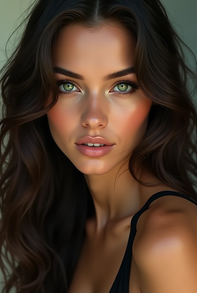 I want a beautiful woman with green eyes and long hair with a very sexy look., facefocus.