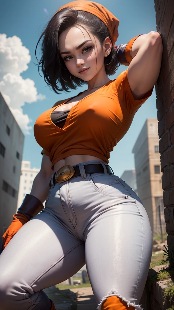 Pan da Dragon Ball GT,(best qualityer,4K,8k,high resolution,work of art:1.2)(weather: windy),city ruins background, adult female, red shirt, fingerless gloves, white jean pants, orange bandana, gray boots, belt,short hair,ultra detailed,realisitic,portraite,beautiful detailed black eyes,beautiful detailed lips,extremely detailed eye and face, long eyelashes,sexly,average,large breasts,beaming smile,powerful girl in a battle, flexing pose,stunning curves,bright coloured,dramatic lighting,