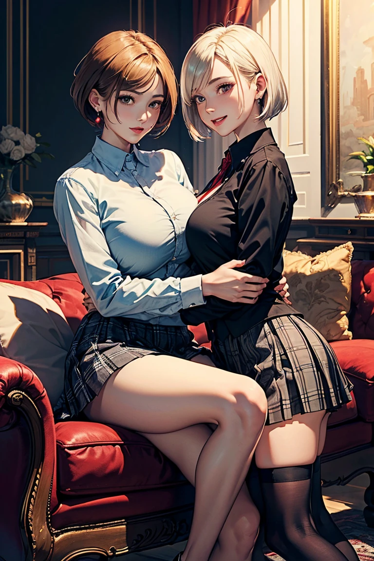 (Two women:1.2)、(masterpiece:1.4)、(of the highest quality:1.4)、ultra high resolution、animated style、beautiful features、Short blonde bob、short black bob、earrings、Gray collared shirt、Plaid pleated skirt、black stockings、(huge breasts:1.1)、Red face、smile、hugging、luxury room、plush furniture