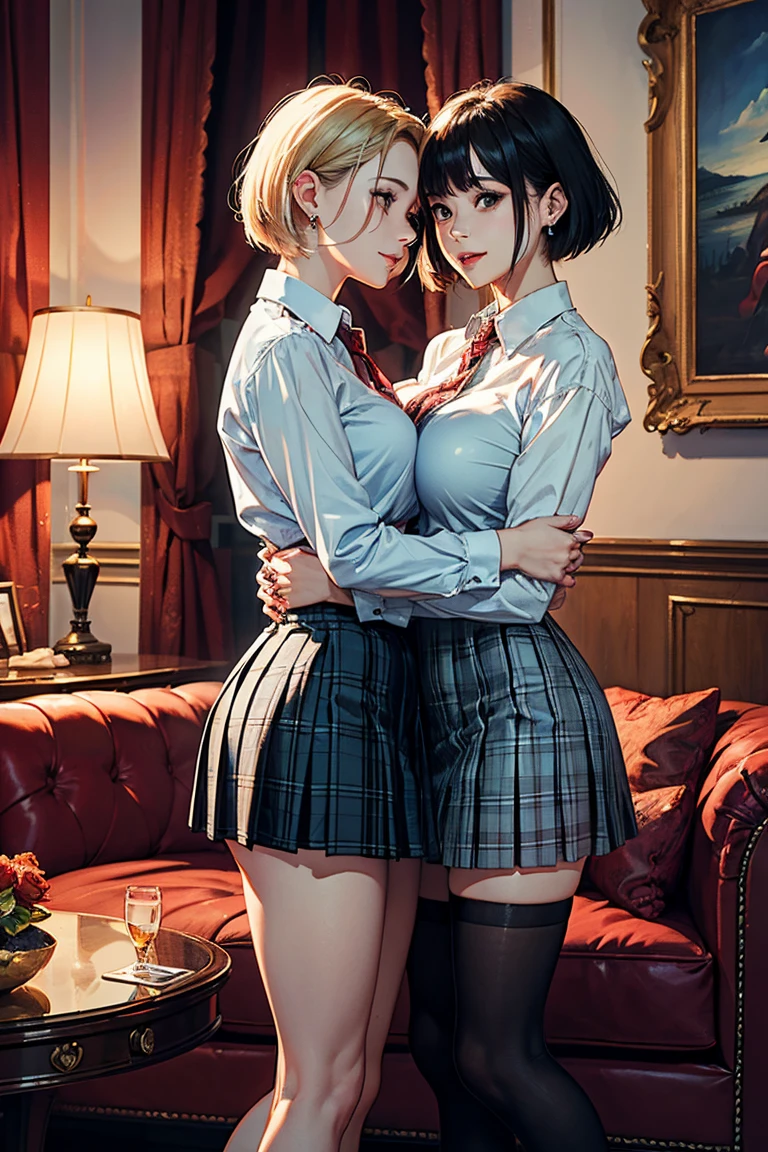 (Two women:1.2)、(masterpiece:1.4)、(of the highest quality:1.4)、ultra high resolution、animated style、beautiful features、Short blonde bob、short black bob、earrings、Gray collared shirt、Plaid pleated skirt、black stockings、(huge breasts:1.1)、Red face、smile、hugging、luxury room、plush furniture