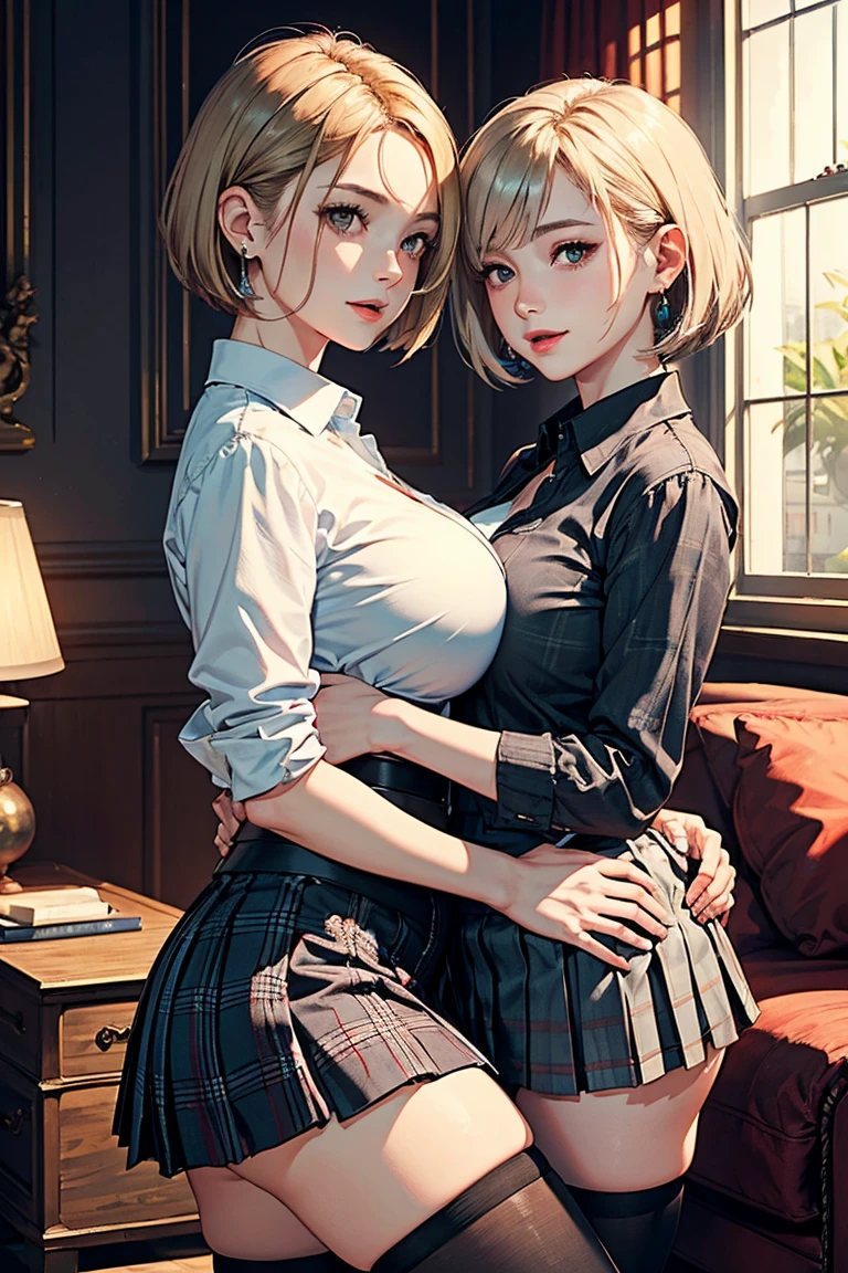 (Two women:1.2)、(masterpiece:1.4)、(of the highest quality:1.4)、ultra high resolution、animated style、beautiful features、Short blonde bob、short black bob、earrings、Gray collared shirt、Plaid pleated skirt、black stockings、(huge breasts:1.1)、Red face、smile、hugging、luxury room、plush furniture