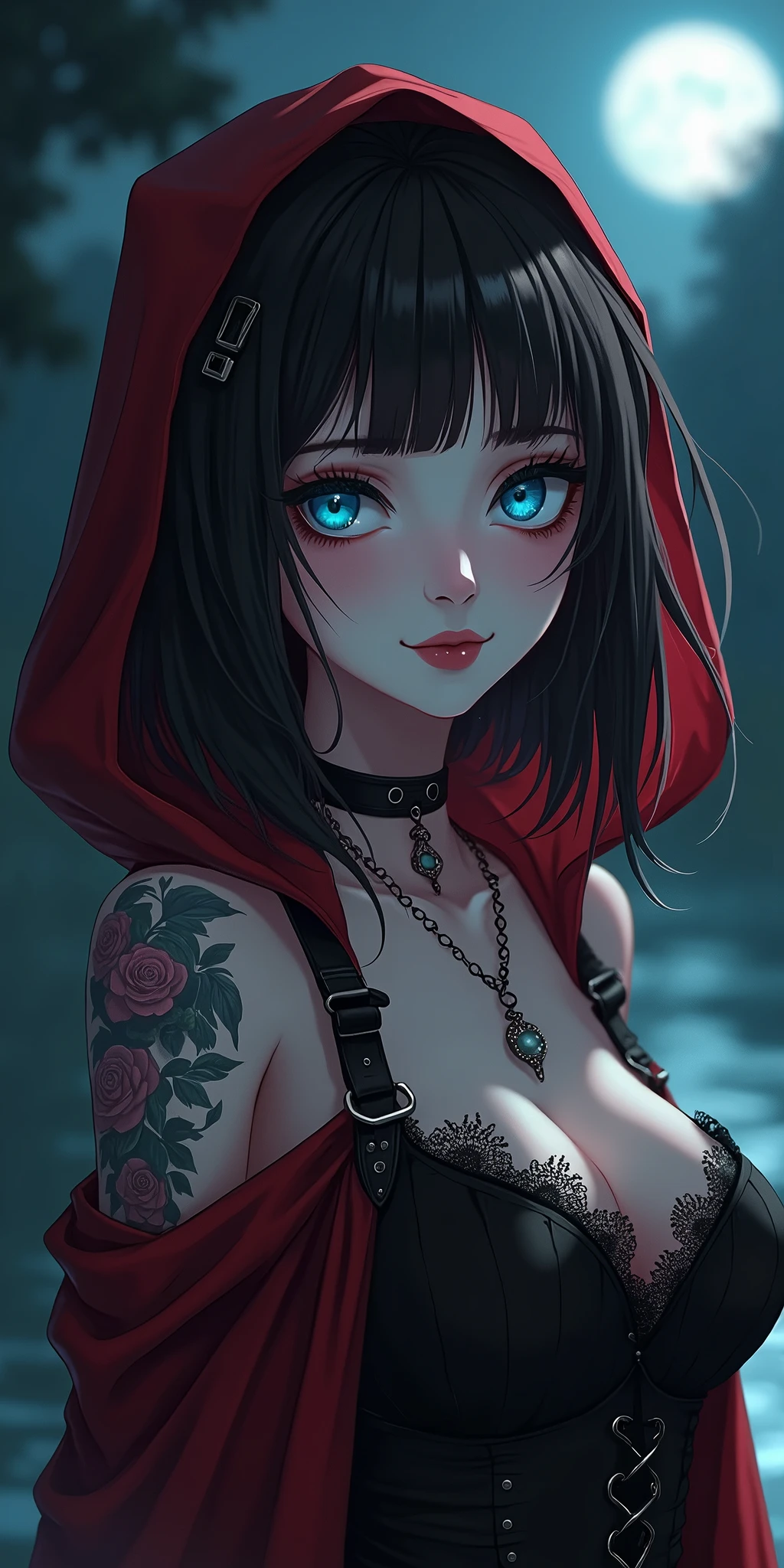 (best quality, ultra-detailed, photorealistic: 1.39), bright and vibrant colors, studio lighting, romantic expression, An effeminate girl, with a delicate and beautiful face. She is a girl who reflects seductive beauty, sparkling eyes, dark gothic makeup, dark gothic punk style, gothic healed woman, A Beautiful and adult tattooed woman and voluminous bob dark gothic brown hair, hair clip, crying a seductive 2 woman with big breasts seduces, matches the gothic makeup, pleasurable sadistic expression, with her large breasts seduces, gothic style dark gothic little red riding hood, gothic dark red dress, strap, lace, old dress, hood, dark gothic style, blurred dark gothic makeup, chained, with her blue eyes that matches her soft smile, black gothic style, in a beautiful pose demonstrating her seduction  in the park at night, dark, nervous lighting, moon, haunted gothic , night with soft lighting, anime style, like a manwha character 