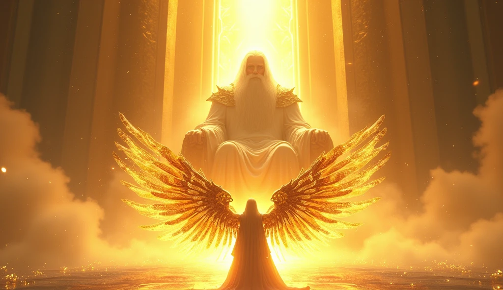 Holy paladin, glowing light eyes, glowing golden wingiomechanicals, The colors are very vivid, Light particles, Glowing light angel, wings on angel's back, Mshiv, wallpaper art, ultra HD wallpaper, looking upon a super Gigantic God with light covering God's face, with white hair and white beard, white beard, seated on his large golden white thrown, 32K UHD, style raw.