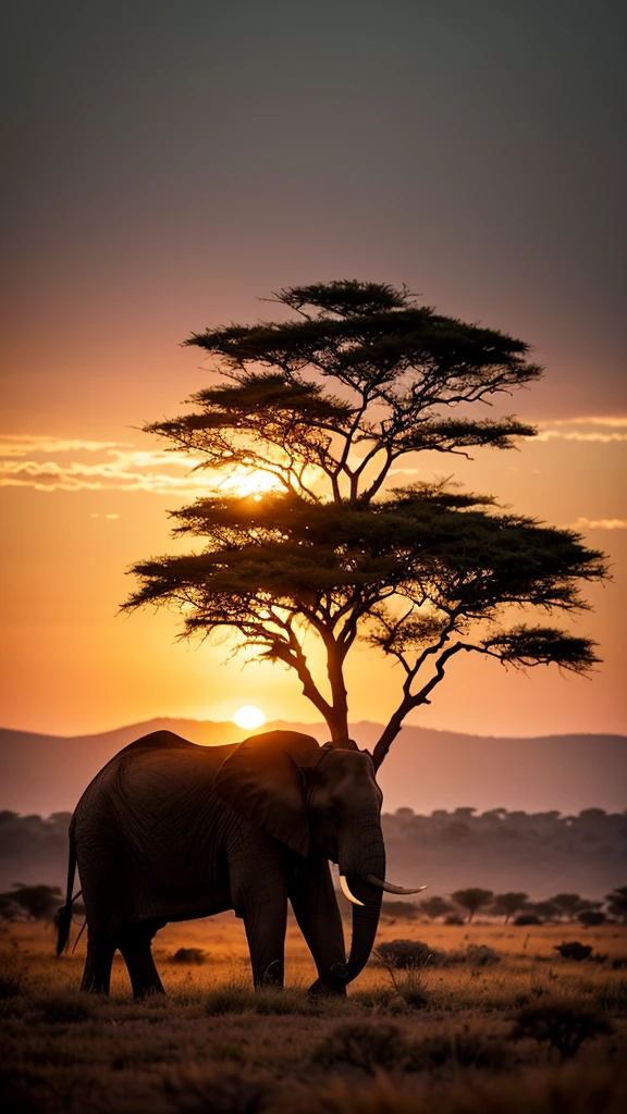 A solitary African elephant standing majestically in the quiet savanna during dusk. The landscape is calm and serene, with the elephant's silhouette framed by the last light of day. The atmosphere is peaceful, reflecting the timeless nature of the scene