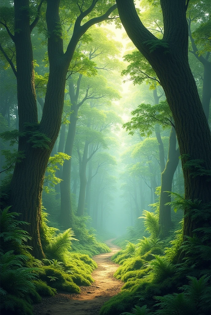 Naruto type fighting forest but only the forest, clear and with trees to climb with a front view rectangular photo