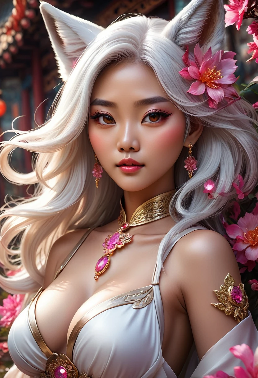 (A Gorgeous Chinese|Filipina woman, slanted Asian eyes, thighs:1.35), flowing white hair, fox ears, stylish, pink eyes, fiery flowers background, beautiful, goddess, fantasy world. Cinematic Lighting, ethereal light, intricate details, extremely detailed, incredible details, full colored, complex details, insanely detailed and intricate, hypermaximalist, extremely detailed with rich colors. masterpiece, best quality, aerial view, HDR, UHD, unreal engine. plump looking at the camera, smooth thighs, (glittery jewelry) ((acrylic illustration, by artgerm, by kawacy, by John Singer Sargenti) dark Fantasy background, glittery jewelry, Representative, fair skin, beautiful face, Rich in details High quality, gorgeous, glamorous, 8k, super detail, gorgeous light and shadow, detailed decoration