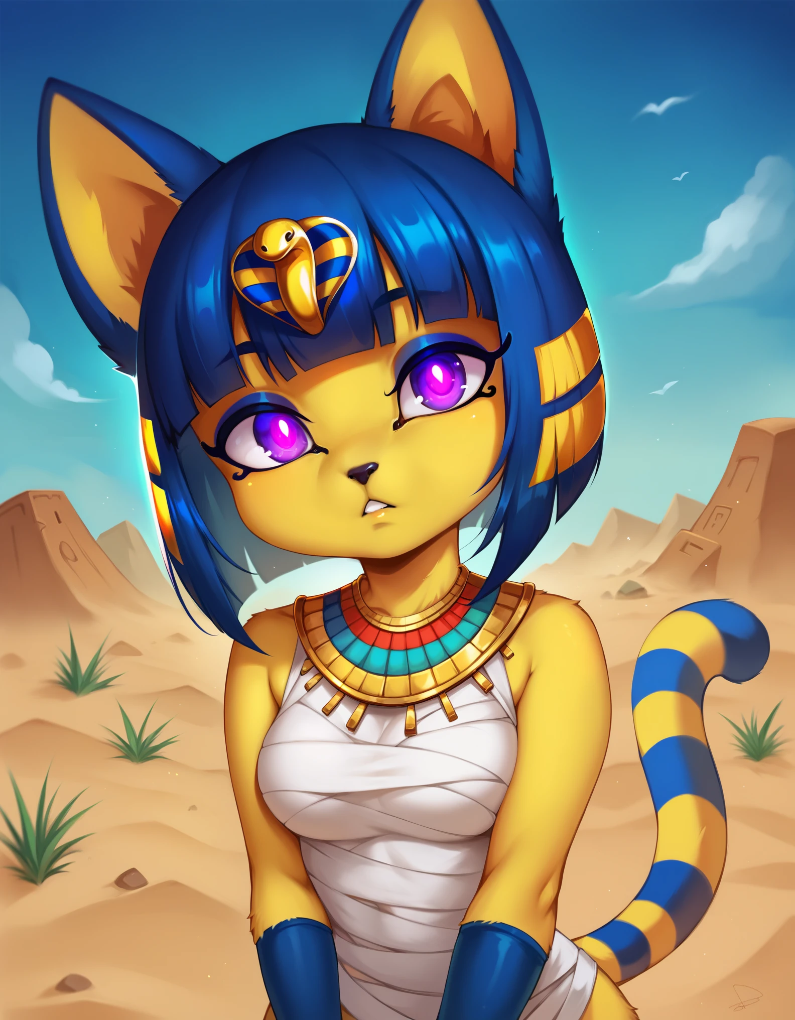 score_9, score_8_up, score_7_up, shadowillstyle, depth of field, 1girl, furry, ankha \(animal crossing\), expressionless, eye reflection, yellow background, yellow theme, blue background, desert, spiral eyes, purple eyes, glowing eyes, wide-eyed, paw pose, looking at viewer, close-up, parted lips, by photonoko