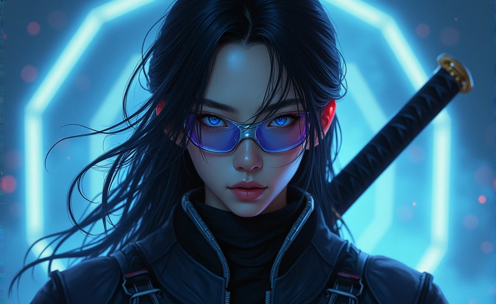 The figure of a young Asian male showing strength and determination, with long dark hair gathered with mobility like water, almost unreal pale complexion and robotic clothing carrying a katana, Deep blue eyes and some kind of transparent robotic eye covers, The background is cyberpunk in deep blue and purple colors
