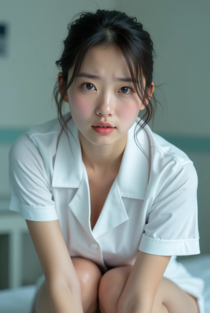 (masterpiece:1.3)、Very fine finish、(High resolution、8k:1.3)、(Highest quality)、(Ultra-realistic as a photo:1.3)、Professional Writing、Correct limbs、Anatomically correct, The face is in focus、(Face close-up:1.3)、 Super high definition color、The face is in focus、Ultra high definition and beautiful eyes、Concentrated eyes、Eyes are symmetrical:1.3、High quality and beautiful skin、No bra、Firm Skin、Ultra HD Hair Texture、Japanese women、20-year-old、very cute, Half Up:1.3, nurse、nurse break (White nursing uniform、white nurse uniform:1.3),Hospital room, (Embarrassing:1.3), (blush:1.3), Shooting angle:1.3, View your viewers, Browsing Caution, (All fours pose:1.3)