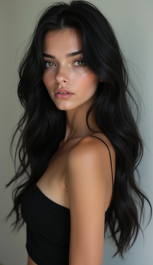  white girl with black hair with brown eyes full body. 