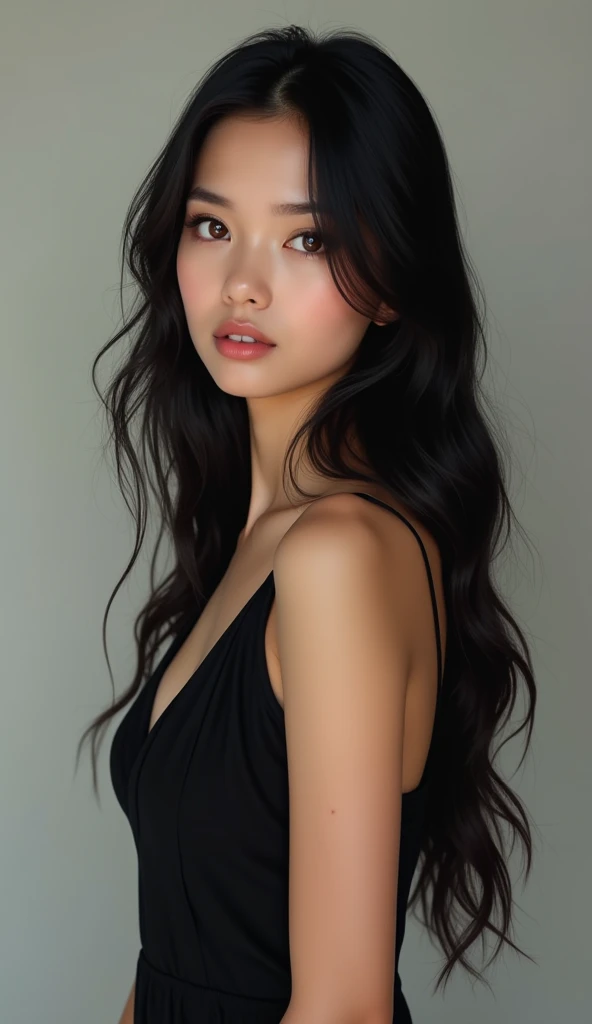 white girl with black hair with brown eyes full body.