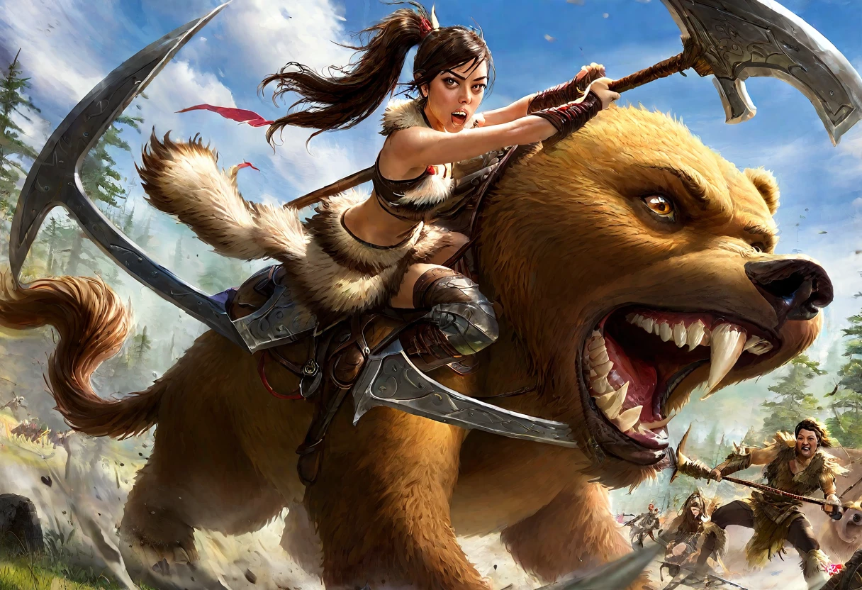 Aubrey Plaza (Fantasy warrior, sexy fur bikini, hair up in ponytail, battle axe), riding on a saddle on the back of a big ferocious brown bear. Aubrey and her bear are fighting goblins on a battlefield
