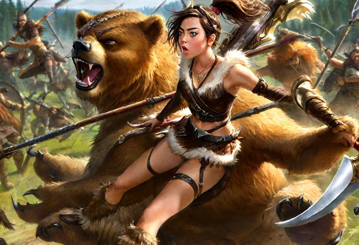 Aubrey Plaza (Fantasy warrior, sexy fur bikini, hair up in ponytail, battle axe), riding on a saddle on the back of a big ferocious brown bear. Aubrey and her bear are fighting goblins on a battlefield
