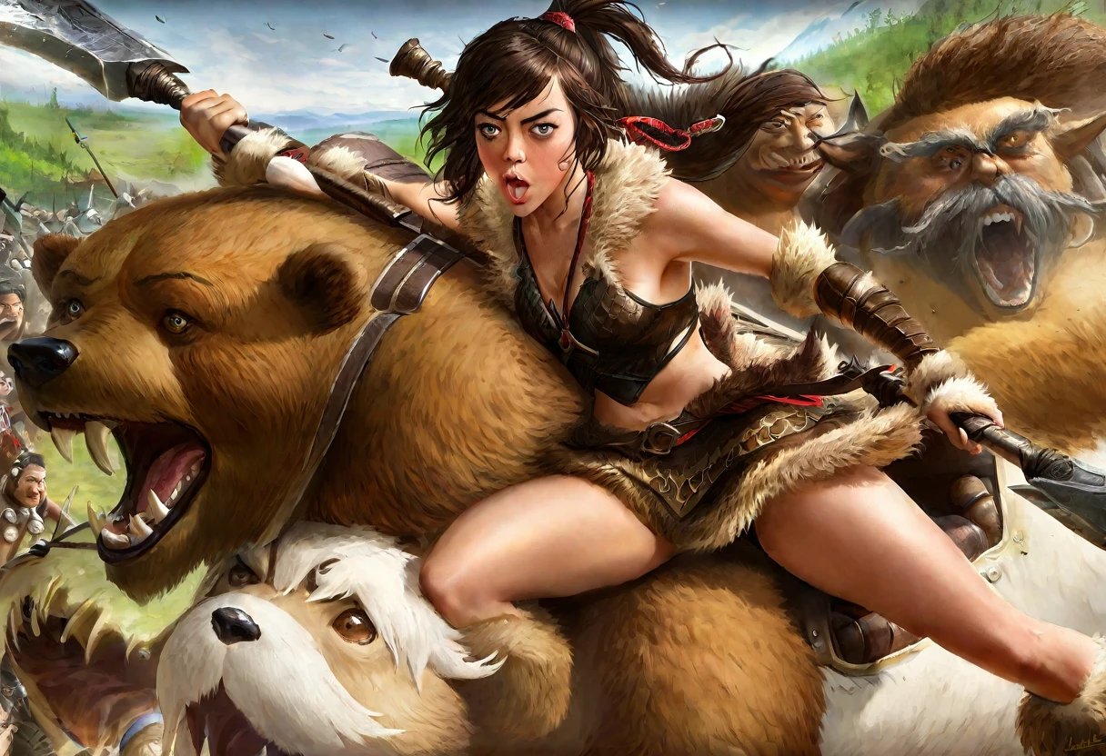 Aubrey Plaza (Fantasy warrior, sexy fur bikini, hair up in ponytail, battle axe), riding on a saddle on the back of a big ferocious brown bear. Aubrey and her bear are fighting goblins on a battlefield