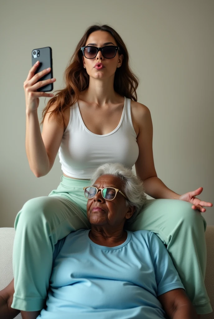 Create a photo of a 20 year old young woman, with a slender and beautiful body, wearing a white tank top and wearing green sweatpants, with white and clear skin, with long light brown hair wearing sunglasses and pouting her mouth and holding her cell phone taking a selfie while sitting on the legs of an elderly black lady, 90 years old, dark black skin, obese woman wearing glasses and wearing a blue dress in a square