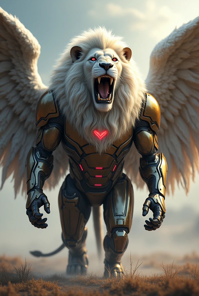 Lion with big size and have big wings and red eye and lion colour is white and big teeth and lion wearing suit of iron man