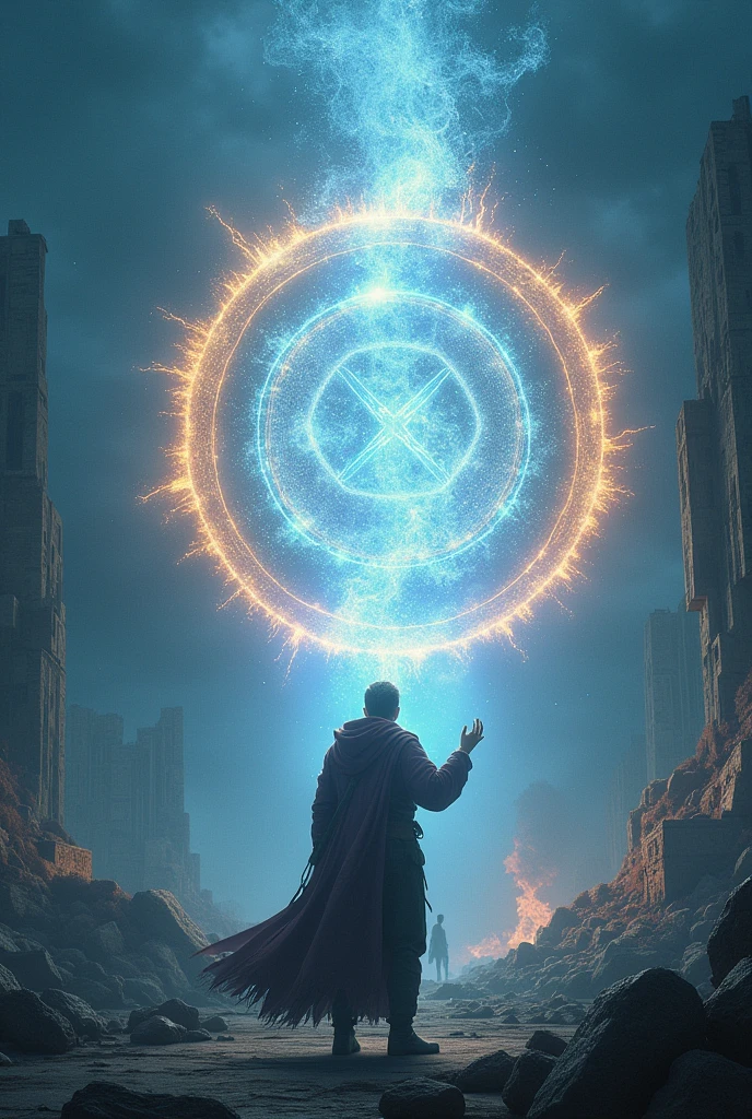 The symbol begins to emit a bright light, stabilizing the environment around it.
The tremor decreases in intensity, and nearby structures stop collapsing. The protagonist continues tracing the symbol, focused on his task.