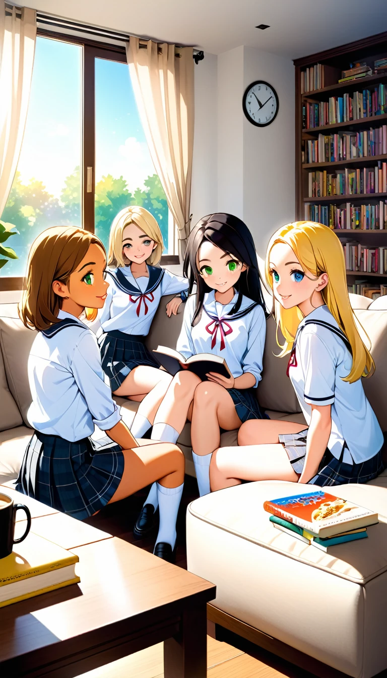 {
  "Full body and side view picture of three teenage girls, , sitting around a coffee table in a cozy living room, studying together in the afternoon light, camera_angle: {Full body, side view}, outfit: {school uniforms with short plaid skirts, white blouses, knee-high socks, and black shoes}, physical_description: {First girl: Slim body, long straight black hair, large green eyes, thin arched eyebrows, small upturned nose, thin pink lips, very fair skin, sweet beautiful face with a warm smile. Second girl: Wavy brown hair, blue eyes, fair skin, a round face with full lips and freckles. Third girl: Short blonde hair, green eyes, light tan skin, athletic build, with a playful grin}, background: {Cozy living room with soft couches, a coffee table with books and snacks, warm afternoon light filtering through the curtains}
}
