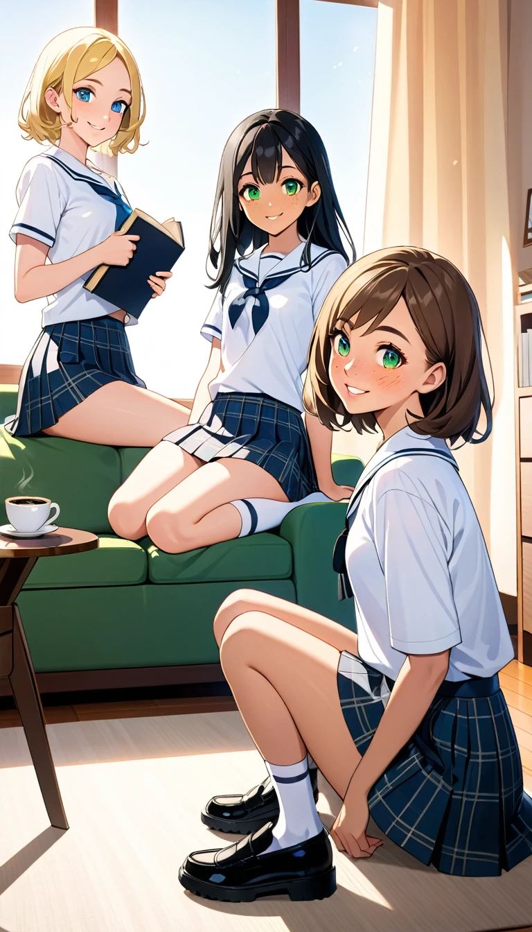 {
"Full body and side view picture of three teenage girls, , sitting around a coffee table in a cozy living room, studying together in the afternoon light, camera_angle: {Full body, side view}, outfit: {school uniforms with short plaid skirts, white blouses, knee-high socks, and black shoes}, physical_description: {First girl: Slim body, long straight black hair, large green eyes, thin arched eyebrows, small upturned nose, thin pink lips, very fair skin, sweet beautiful face with a warm smile. Second girl: Wavy brown hair, blue eyes, fair skin, a round face with full lips and freckles. Third girl: Short blonde hair, green eyes, light tan skin, athletic build, with a playful grin}, background: {Cozy living room with soft couches, a coffee table with books and snacks, warm afternoon light filtering through the curtains}
}