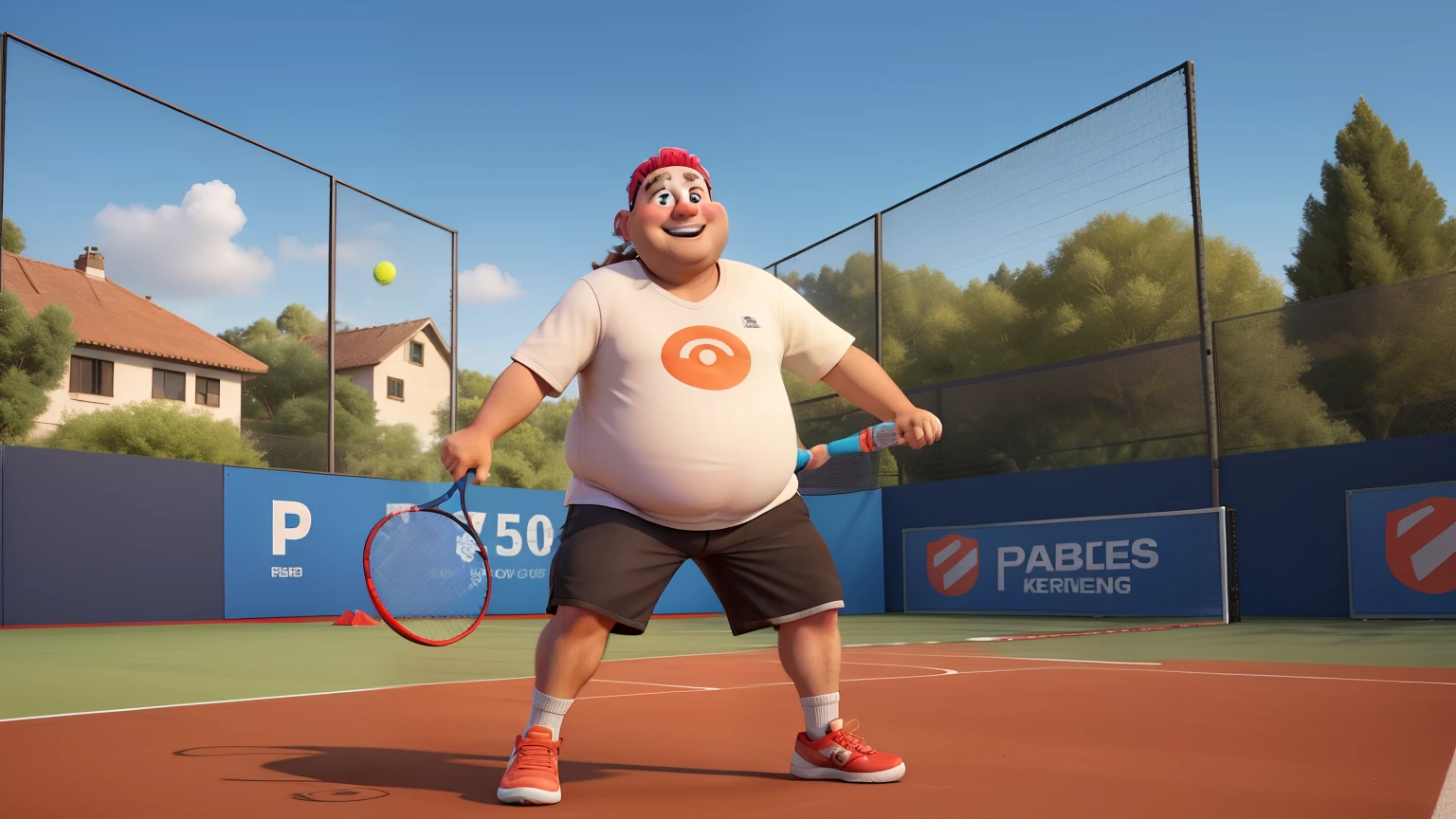 Obese man .playing padel. paddle tennis racket. ball beer bottles in hand . smiling ,Padel court, colorful headband 3d animation