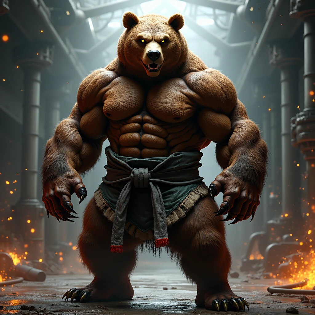 A powerful brown bear standing on its hind legs, ready for battle in a Tekken-inspired arena. The bear is muscular, with defined fur texture and intense, glowing eyes. It wears a tattered, battle-worn gi, similar to those of martial artists in the Tekken series. The background is a dark, industrial arena with sparks flying and metallic elements, highlighting the bear's formidable presence. The overall art style is highly detailed, with a blend of realism and exaggerated features typical of Tekken characters.