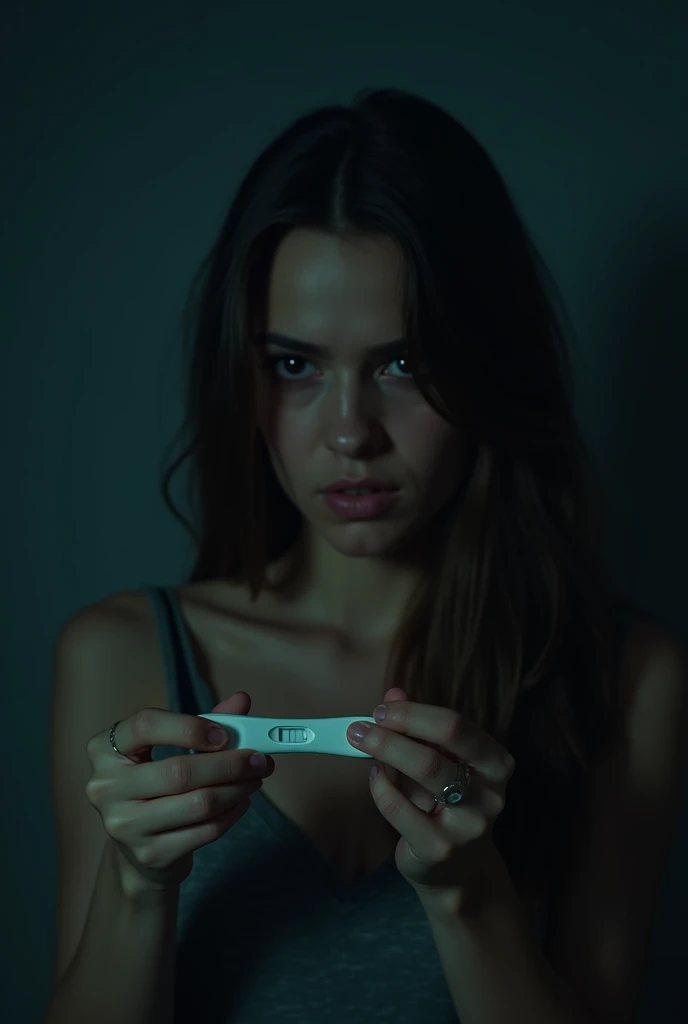 Dark image of a young woman taking a pregnancy test