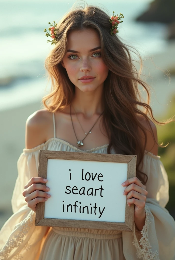 Beautiful girl with wavy long hair, bohemian dress, holding a white board with text "I Love Seaart Infinity" and showing it to the viewer