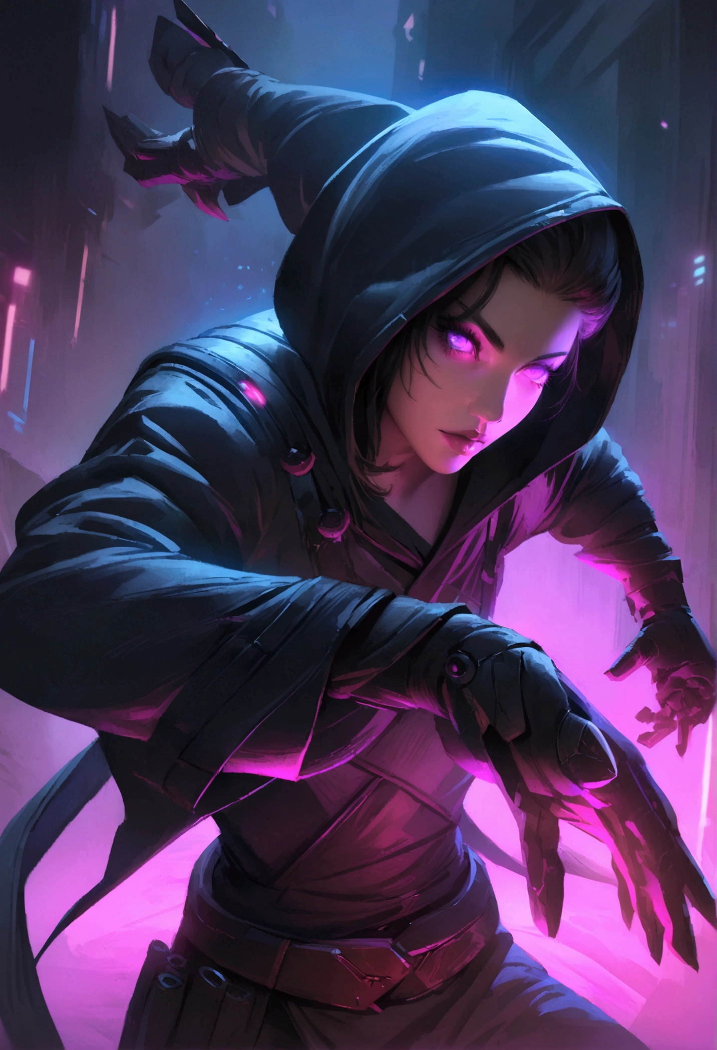 a male hooded ninja with two pistols in his hands, wearing all black anime style clothing, beautiful detailed eyes, beautiful detailed lips, extremely detailed face, long eyelashes, dynamic action pose, dark moody lighting, cinematic composition, dramatic chiaroscuro, neon cyberpunk aesthetic, intricate detailed rendering, digital art, artstation, concept art, masterpiece