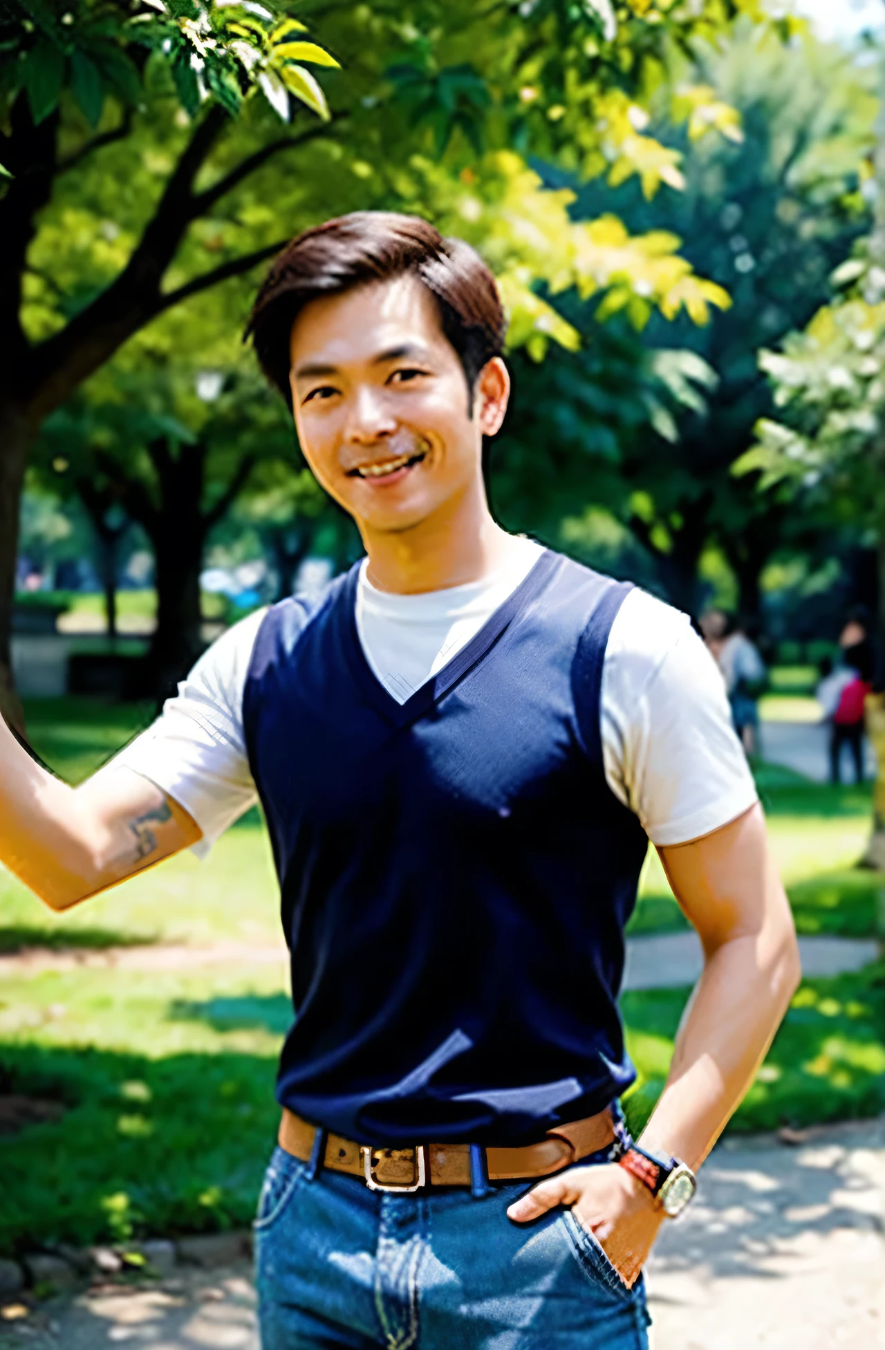 vietnamese guy, background in the park, normal face, perfect in detail, perfect hand