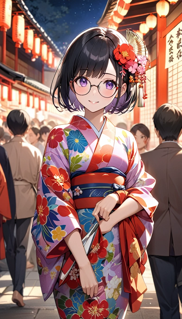 Highest quality、Best image quality、masterpiece、Anime Style、a girl、Beautiful Eyes、black hair, purple eyes、Short bob cut、(sideburns), middle part, (flat chest)、slender、Tight waist、Round Glasses、Beautiful Face、Natural smile、red cheek、night、A large number of people、Japan Shrine Festival、((Colorful floral kimono))、Long flower hair ornament、Shallow depth of field, cowboy shot, from the front