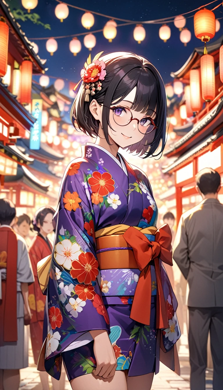 Highest quality、Best image quality、masterpiece、Anime Style、a girl、Beautiful Eyes、black hair, purple eyes、Short bob cut、(sideburns), middle part, (flat chest)、slender、Tight waist、Round Glasses、Beautiful Face、Natural smile、red cheek、night、A large number of people、Japan Shrine Festival、((Colorful floral kimono))、Long flower hair ornament、Shallow depth of field, cowboy shot, from the front