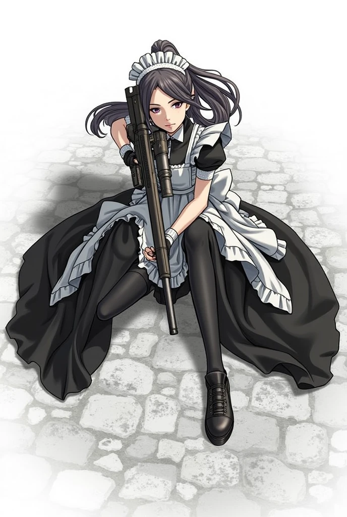 anime girl in black and white dress sitting on the ground holding a heavy sniper rilfe, (ponytail forehead hair pulled back:1.3), (black hair:1.3),1girl, solo, black hair, gloves, holding, weapon, boots, holding weapon, apron, gun, maid, maid headdress, sheath, rifle, maid apron, one knee, sniper rifle, scope, bolt action