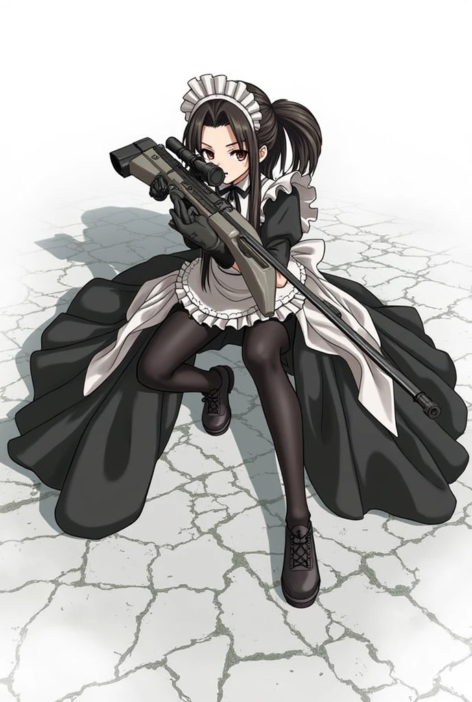 anime girl in black and white dress sitting on the ground holding a heavy sniper rilfe, (ponytail forehead hair pulled back:1.3), (black hair:1.3),1girl, solo, black hair, gloves, holding, weapon, boots, holding weapon, apron, gun, maid, maid headdress, sheath, rifle, maid apron, one knee, sniper rifle, scope, bolt action