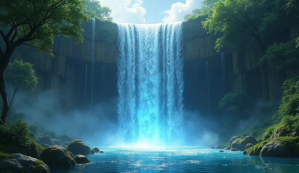 concept art of a portal to another world, but the portal is actually a waterfall; hyperrealism; hyperdetailed; photorealistic; 8k resolution concept art; dynamic lighting; volumetric lighting; the water falls from her onto the world below. there should be no words or text on this image.