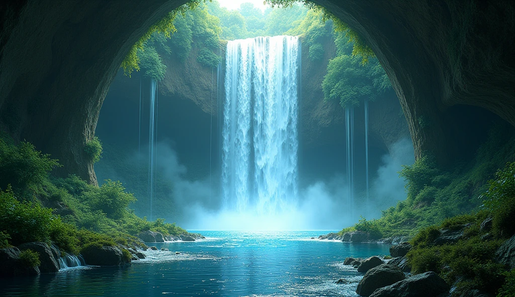 concept art of a portal to another world, but the portal is actually a waterfall; hyperrealism; hyperdetailed; photorealistic; 8k resolution concept art; dynamic lighting; volumetric lighting; the water falls from her onto the world below. there should be no words or text on this image.