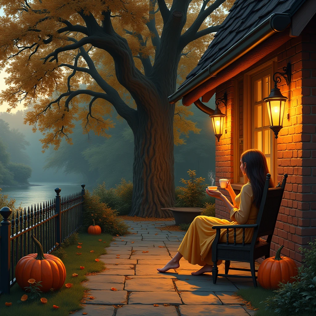 🍁🍂 Early autumn. Twilight. Lantern light. House made of orange clay and red brick. Large ripe pumpkin. River bank. Old oak. Porch, cozy courtyard, cozy life, beautiful woman sitting on chair with cup of tea, very long hair,outdoor garden furniture, low wrought-iron fence. in Karl's style Clemens Moritz Rungius