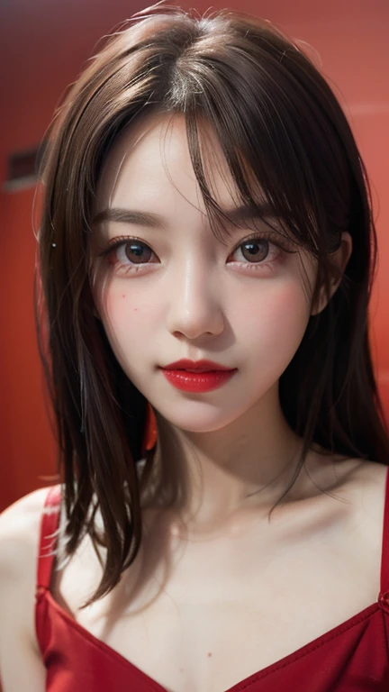 (masterpiece, high quality, Fisheye Lens:1.2), (Close-up portrait:1.1), alone, Model photoshoot, (red theme:1.1), Snazzy, dora, Brown Hair, Brown eyes, red lipstick, red eye shadow, red面, (freckles:0.7), (European, 2:1.3), sexy, Pure innocence, (A light smile:0.8), Prostitute vibe, in love, simple red dress, Cleavage, Detailed and natural skin texture, A seductive gaze, Detailed lighting, (red:1.1) Wall Background, Shallow depth of field, Romantic atmosphere, Dreamy pastel palette, Whimsical details, captured on film, Browsing Caution