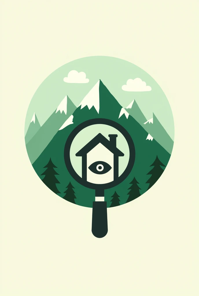 Logo for "Mountain Peek" with magnifying glass (and a house inside it with illuminati eye), and a green mountain background. Vector-like logo