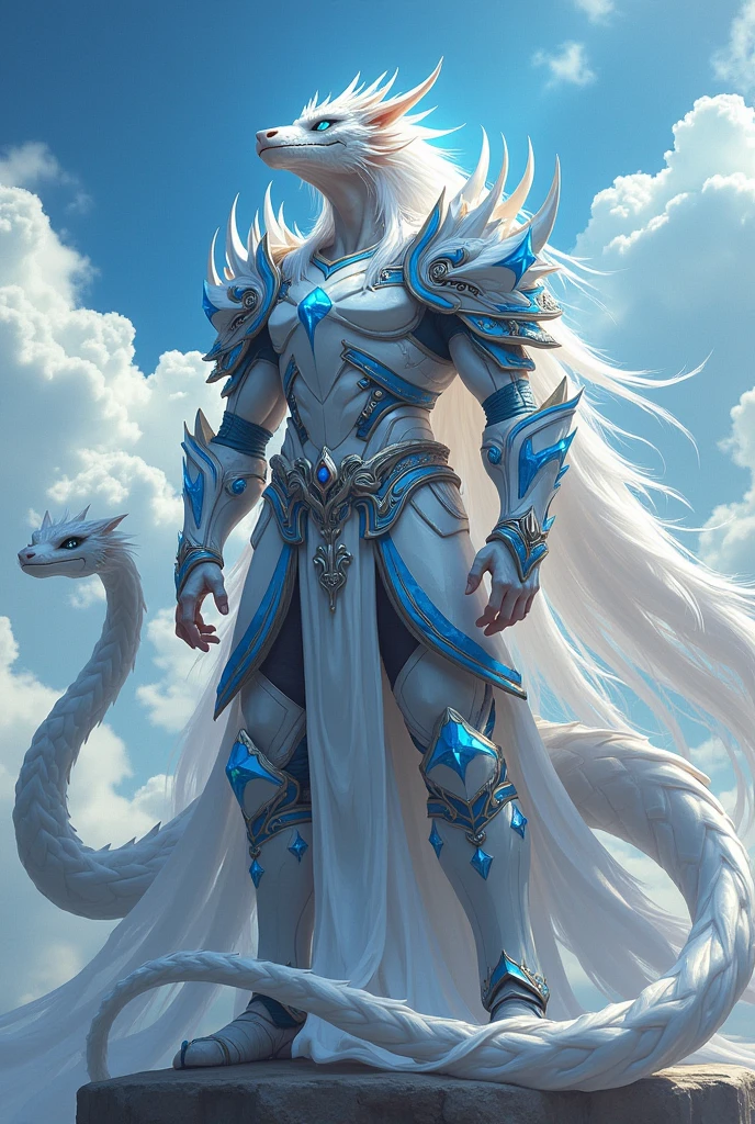 score_9, score_8_up, score_7_up, score_6_up, score_5_up, score_4_up, (dou), male anthro white dragon, standing, full armor, blue cloth, paladin, badass, long white hair, sky dragon god, divine, majestic, blue eyes, and a Female anthro snake woman,