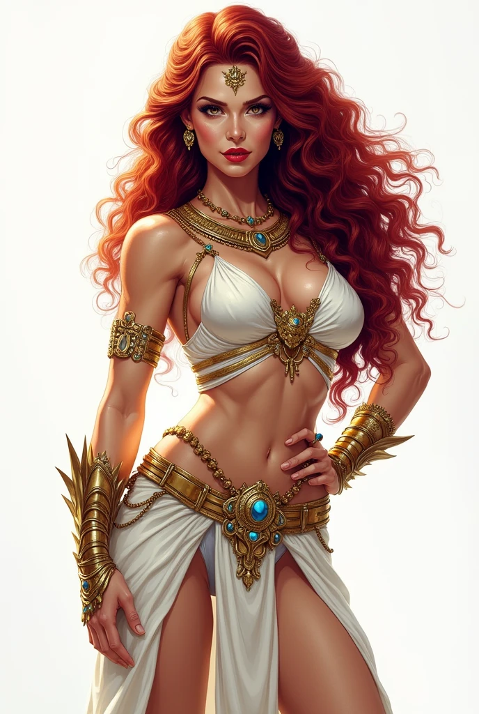 Marvel Conical Panel,women, by the wide, looking at the viewer,, White skin ((gold eyes, big chest:1.5, wine red hair, long curly hair, yellow eyes, white egyptian battle clothes , muscular body, Beautiful lips, seductive eyes,bright lips, egyptian clothing , serious smile, sexy pose