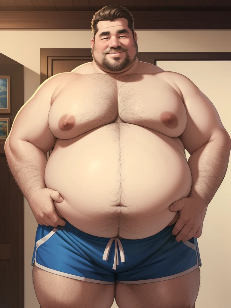 fat daddy, hot daddy, a smiling ((extremely fat, immobile, gigantic belly, obese old man, chubby, big fat, massive belly, massive fat, huge belly, pectoral, bigger belly)), detailed realistic portrait, 8k high resolution, topless, sumo physique, perfect center, full view, realistic skin texture, wrinkled face, short hair, huge belly, fat, wearing shorts, high detail, masterpiece, (best quality,4k,8k,highres,masterpiece:1.2),ultra-detailed