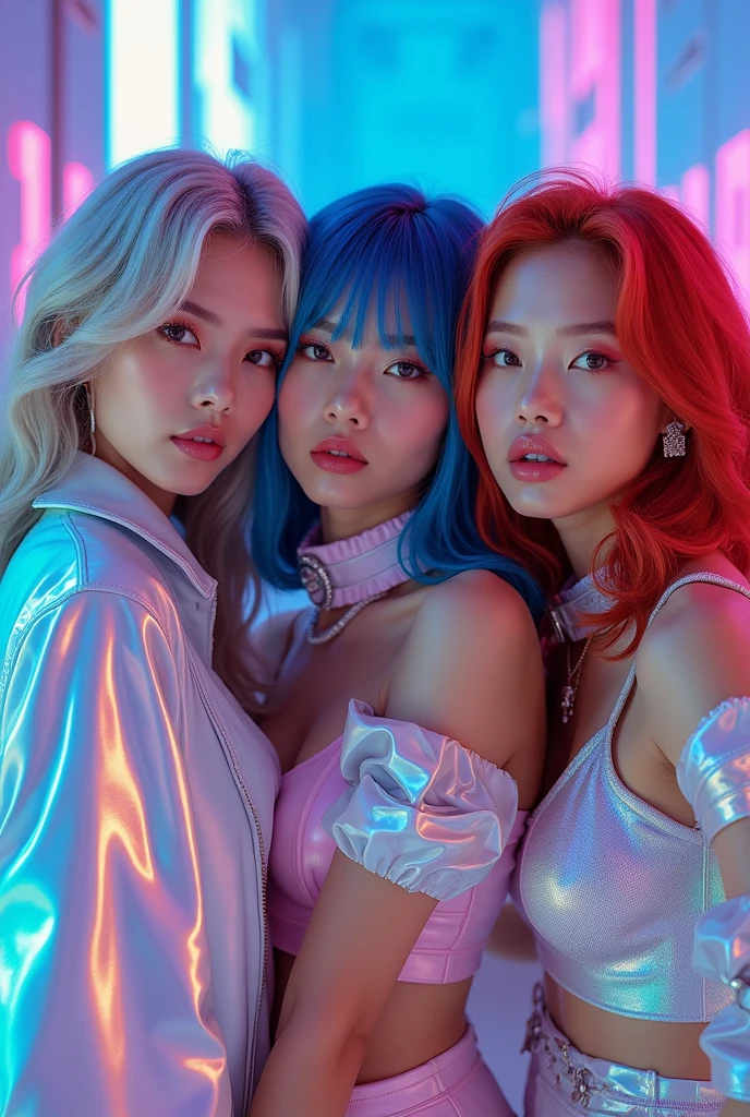 A photoshoot of neonix, a young girl  group of 4 members  based in korea: LunaRai: Draped in iridescent fabrics, LunaRai exudes elegance with her silver-lavender waves and soft, glowing makeup. Her poses are graceful and serene, channeling a dreamy, moonlit energy.

KAIYA: With a sleek midnight-blue bob and vibrant streetwear, KAIYA mixes fierce confidence with playful edge. Neon accents and bold eyeliner highlight her dynamic, fluid poses, reflecting her duality.

SYNNE: SYNNE’s holographic outfit and platinum hair with neon streaks give her a futuristic yet retro vibe. Her vivid, kaleidoscopic makeup and precise poses create an artistic, digital dream.

VIRA: VIRA’s fiery red curls and fierce gaze match her edgy outfit, blending modern fashion with regal armor vibes. Bold makeup and powerful, warrior-like poses radiate confidence and strength.

