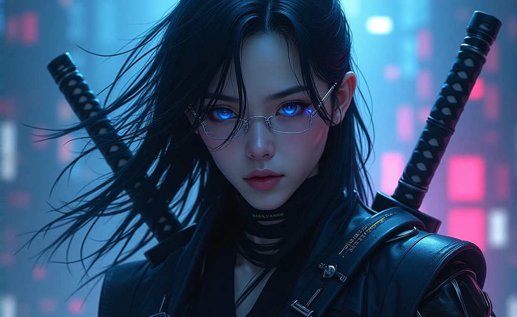 The figure of a young Asian male showing strength and determination, with long dark hair gathered with mobility like water, almost unreal pale complexion and robotic clothing carrying a katana, Deep blue eyes and some kind of transparent robotic eye covers, The background is cyberpunk in deep blue and purple colors
