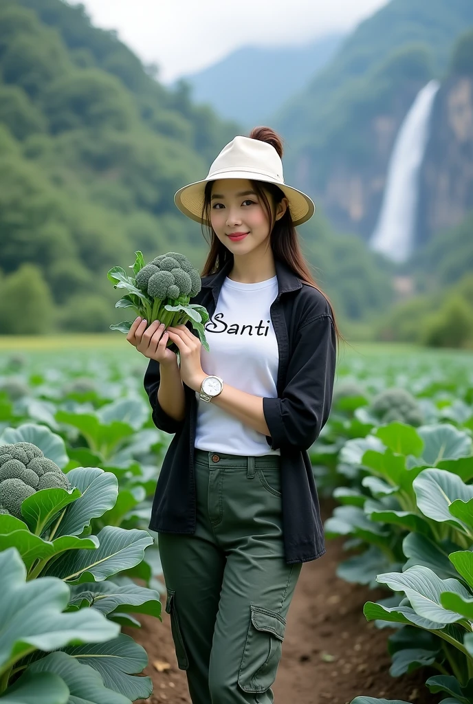 Beautiful Korean girl, with smooth white skin, well-groomed face, black hair tied at the top, white hat, posing in a very fertile and beautiful broccoli field. Holding broccoli fruit, black shirt, white T-shirt with Santi logo, cool watch, knee-length cargo pants, shoes white, waterfall mountain background, original photo, realistic