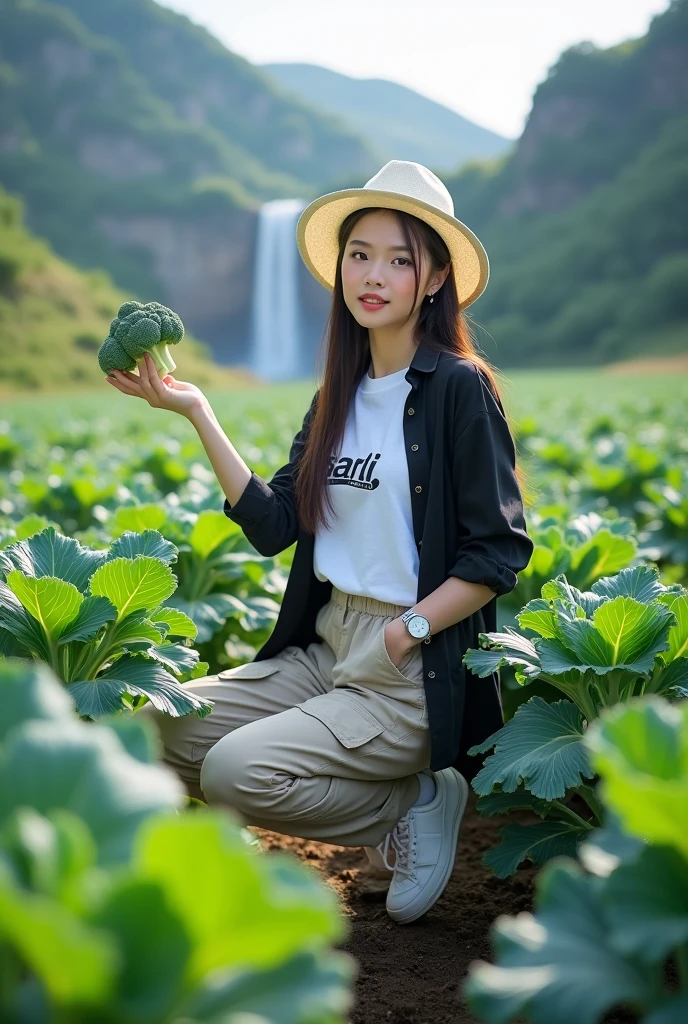 Beautiful Korean girl, with smooth white skin, well-groomed face, black hair tied at the top, white hat, posing in a very fertile and beautiful broccoli field. Holding broccoli fruit, black shirt, white T-shirt with Santi logo, cool watch, knee-length cargo pants, shoes white, waterfall mountain background, original photo, realistic