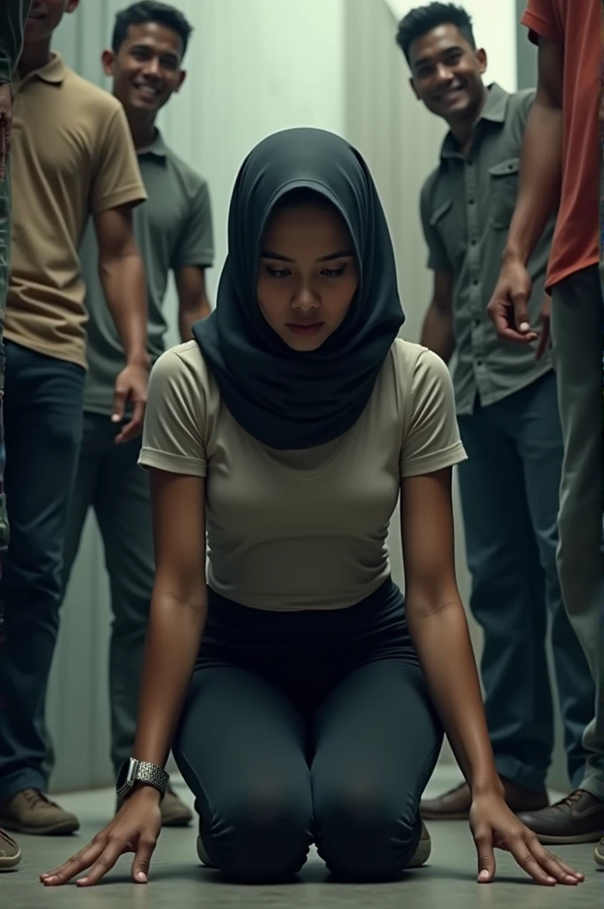 Show a Malay female kneeling down. Scared. Wearing hijab, skintight tee and leggings. Surrounded by many men smiling.