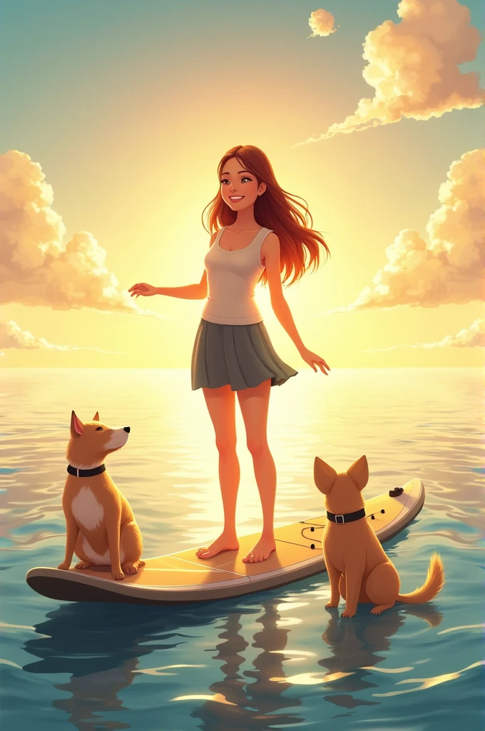 An anime style birthday invitation featuring a white woman, chestnut hair, smooth and long, very happy, with light energy, em cima de uma prancha de stand up paddle, with her brown waimaraner dog, and her yellow and black cat looking at the horizon to see the sunrise over the sea.