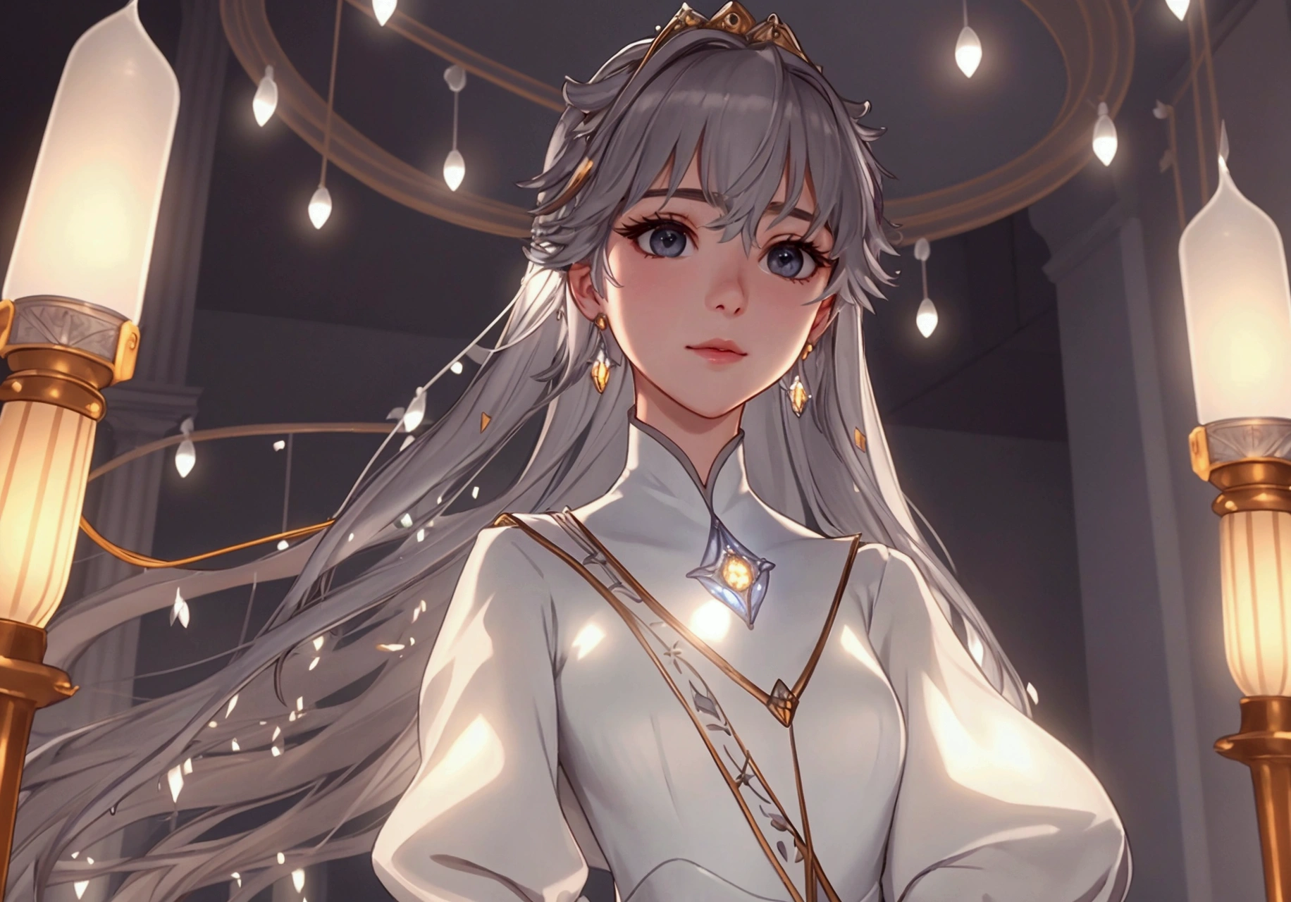 ((((Anastasia)))) wearing white dress standing in the ((((Lightdel Kingdom)))), (masterpiece，top quality，best quality), （1 girl solo：1.3，Close-up of face，upper body）， （Gentle eyes）, Light pink lips，（young），earrings，(Clear facial features，Delicate skin texture，Pretty Face，Facial highlights，Above the waist）， stand up，fit，8K 超HD，SLR，Soft lighting，HD，high resolution，（Highly detailed CG Unity 8k wallpaper）